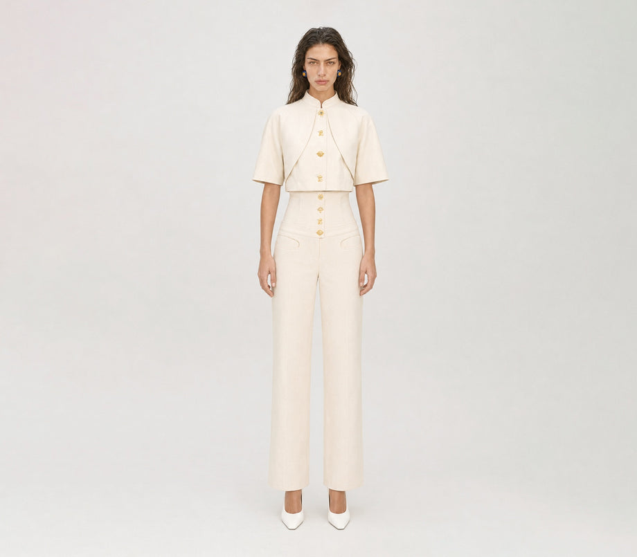 Ivory Pearl Corset Denim Trousers