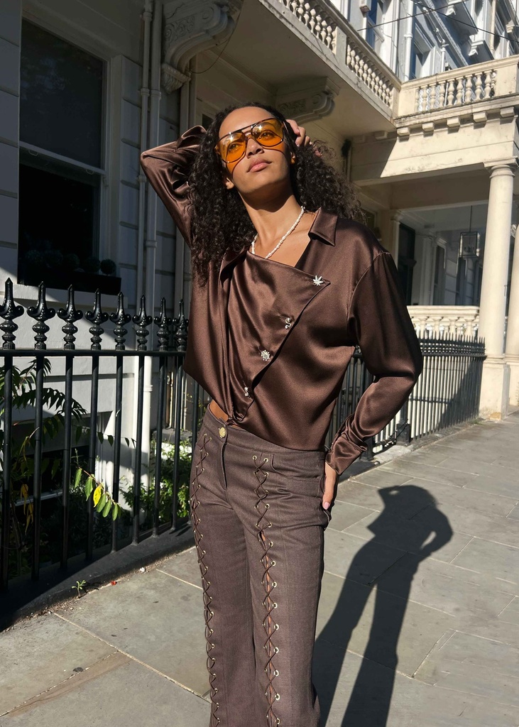 Lace-Up Brown Denim Flared Trousers