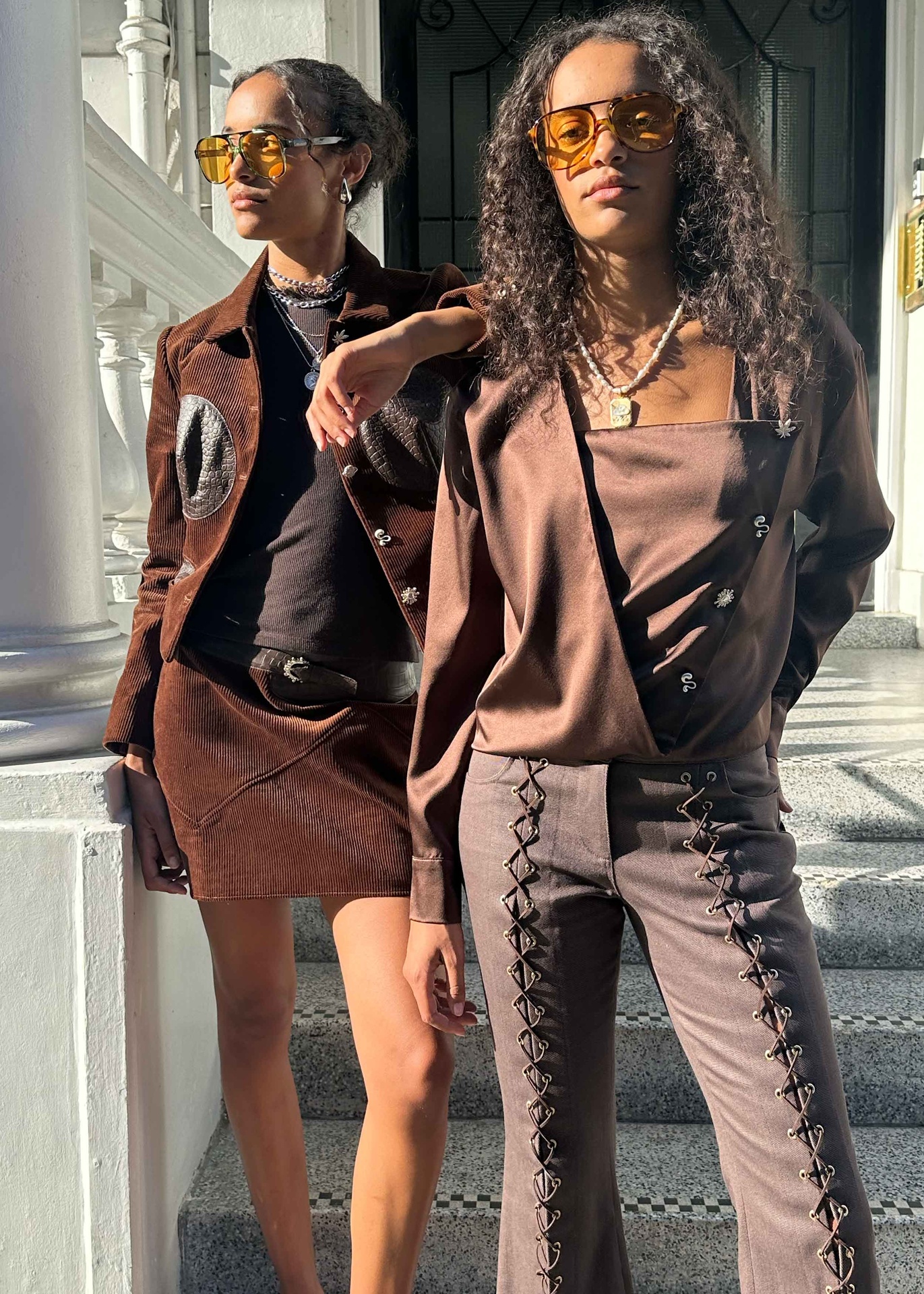 Lace-Up Brown Denim Flared Trousers