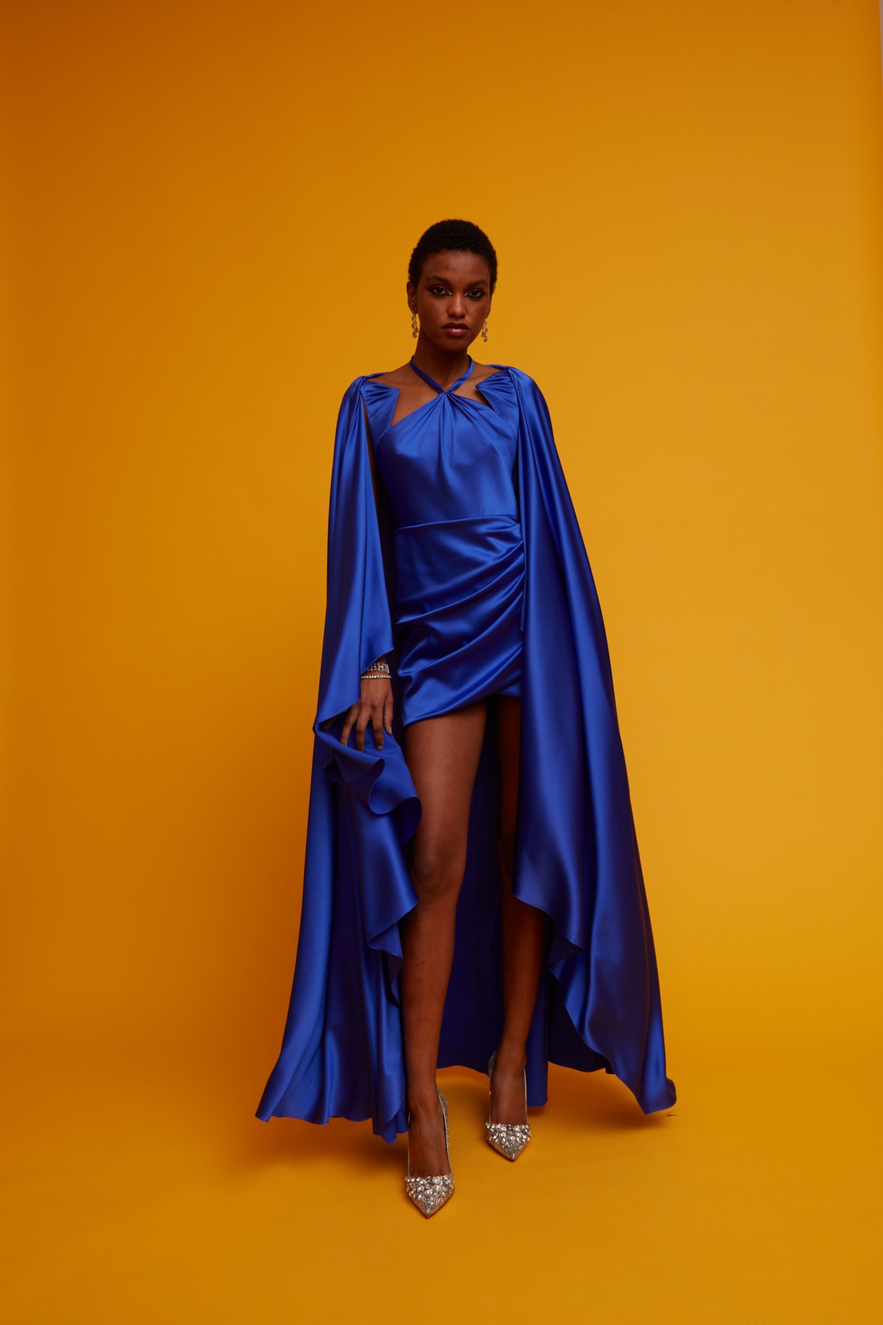 Electric blue silk satin dress with star shaped neckline Size UK8