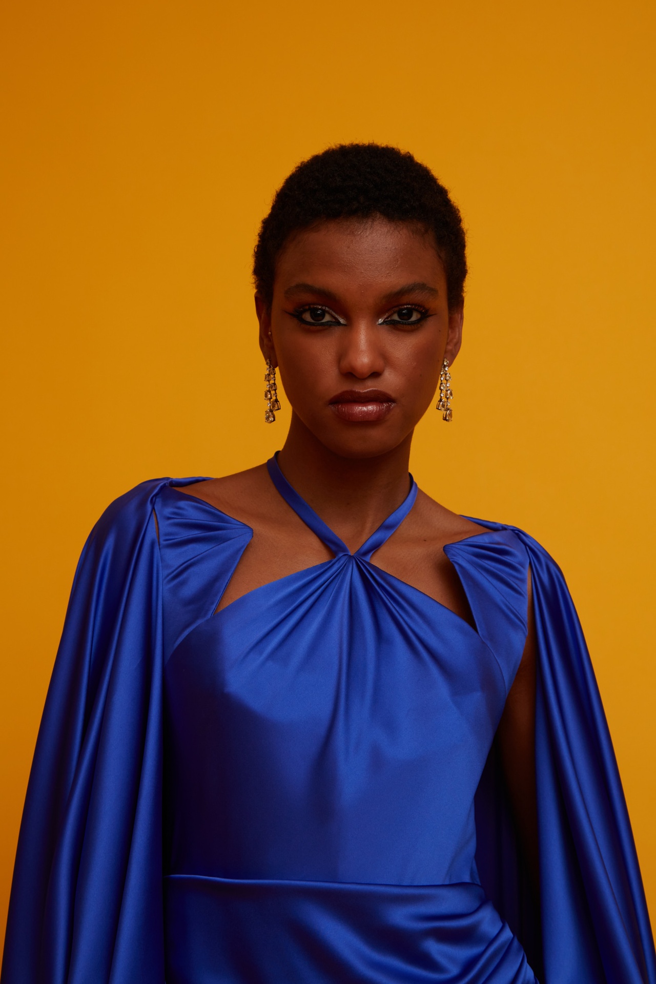 Electric blue silk satin dress with star shaped neckline Size UK8