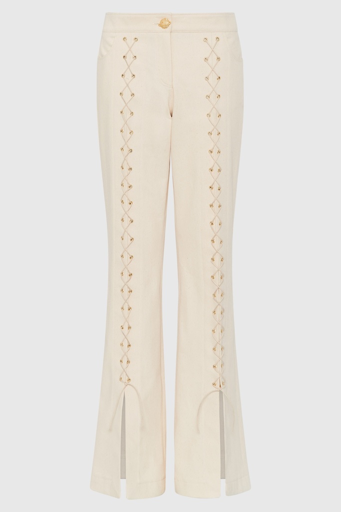 Lace-Up Cream Denim Flared Trousers