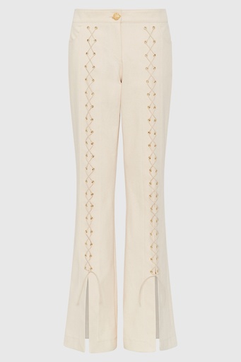 Lace-Up Cream Denim Flared Trousers (UK16)