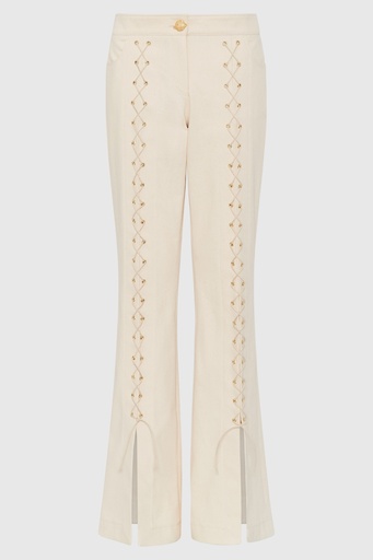 Lace-Up Cream Denim Flared Trousers (UK16)