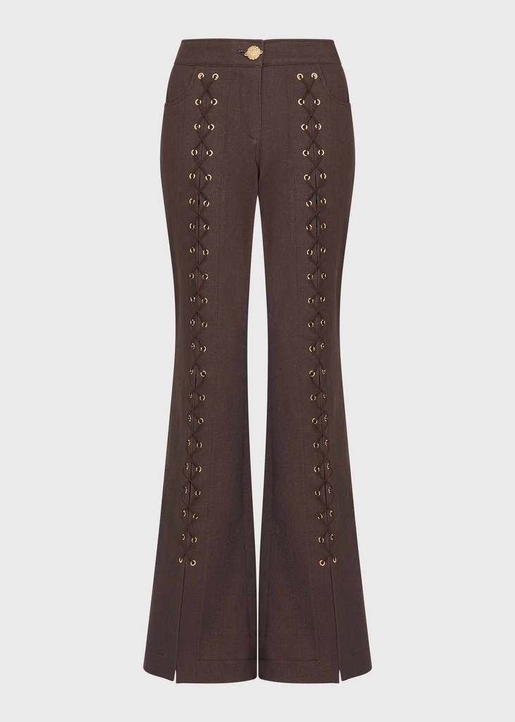 Lace-Up Brown Denim Flared Trousers