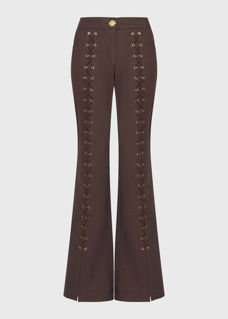 Lace-Up Brown Denim Flared Trousers