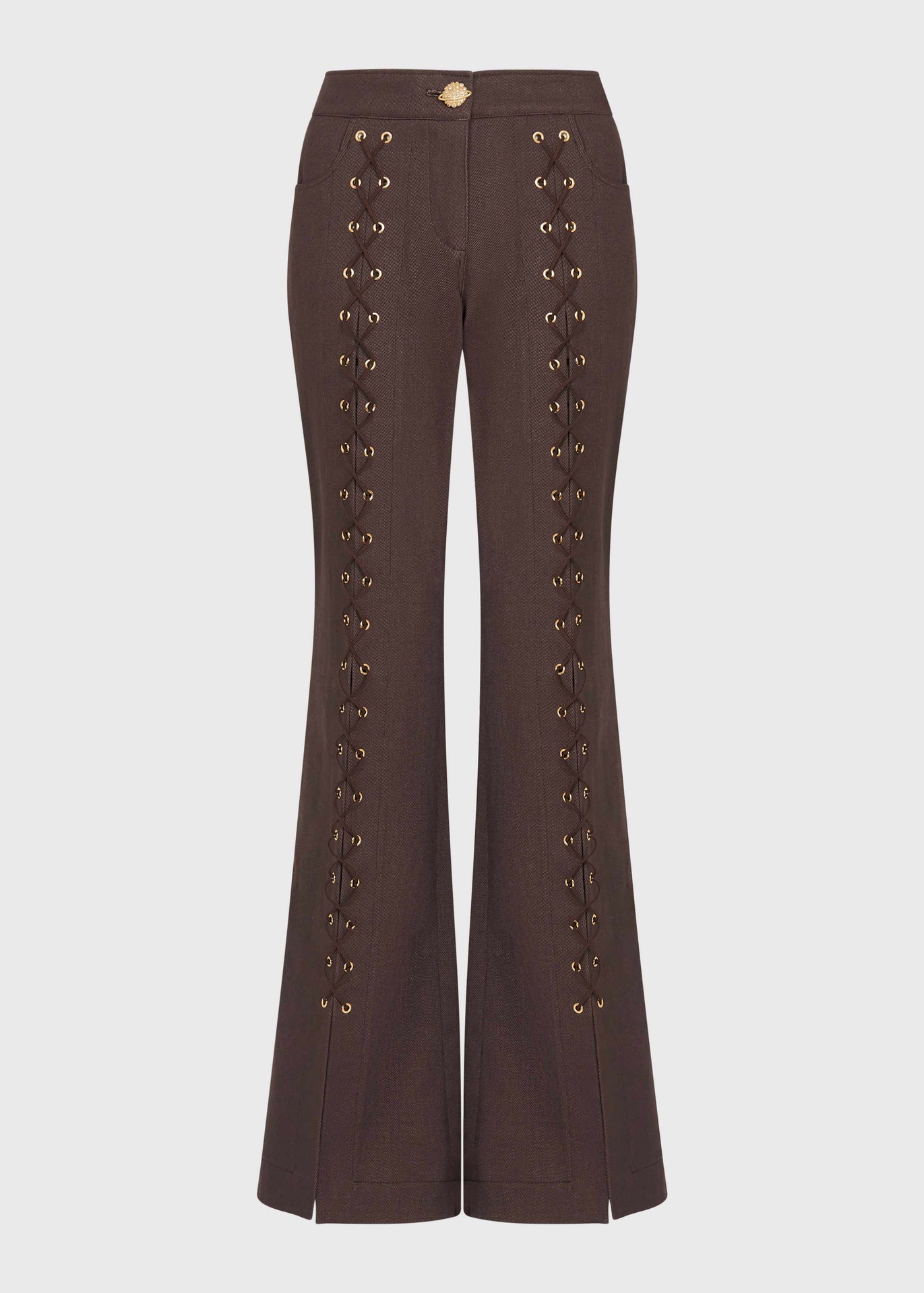 Lace-Up Brown Denim Flared Trousers