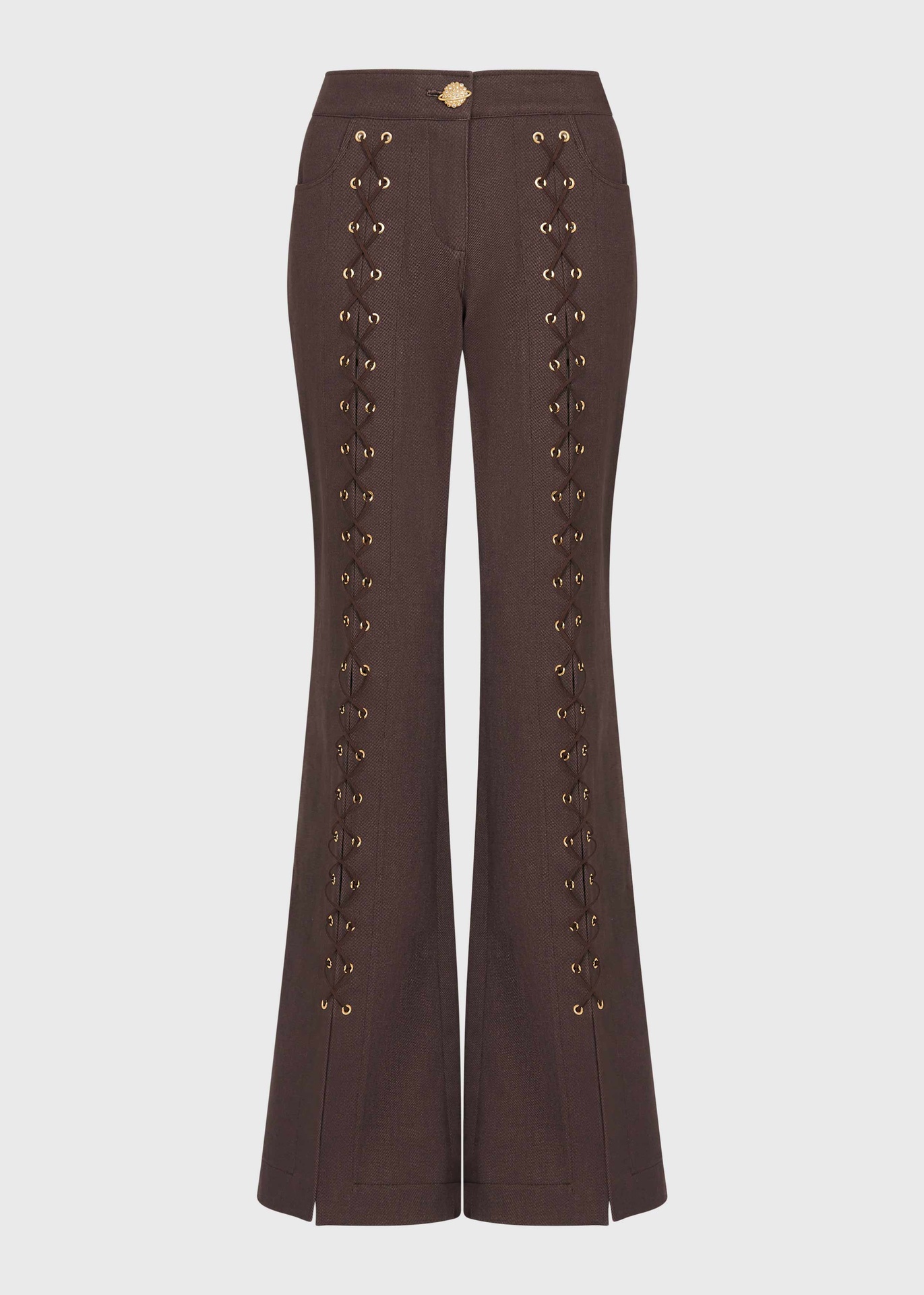 [TRS-AS126-08-DEN-BRW] Lace-Up Brown Denim Flared Trousers Size UK8