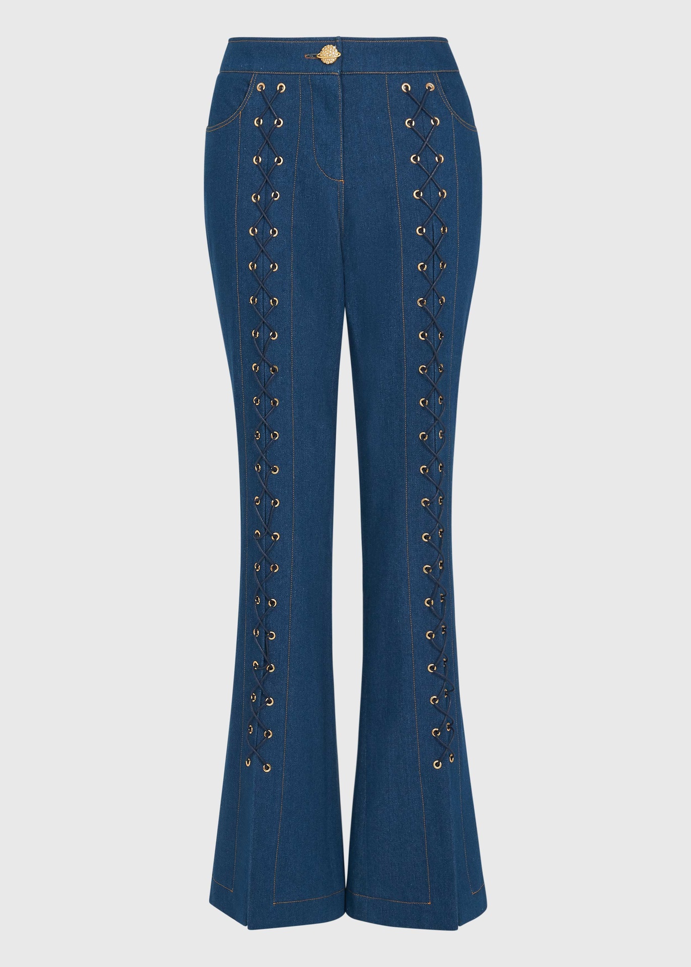 [TRS-AS126-10-DEN-BLU] Lace-Up Blue Flared Denim Trousers Size UK10